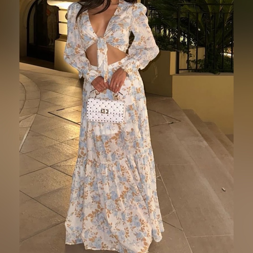 Wayf Blue and Brown Floral A-Line Skirt Set